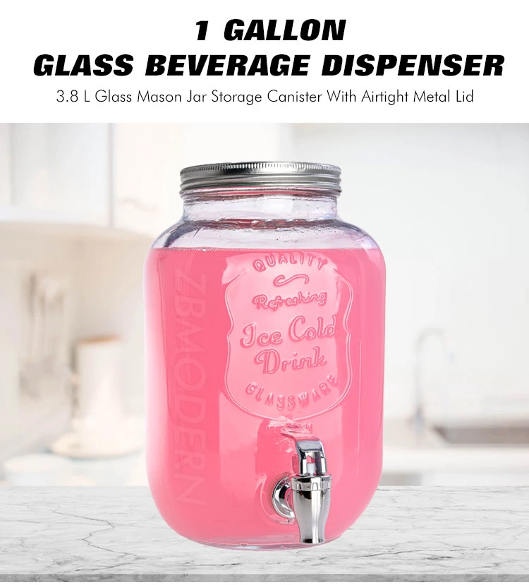 1 Gallon Glass Beverage Dispenser 3.8 L Glass Mason Jar Storage Canister with Airtight Metal Lid Metal Stand